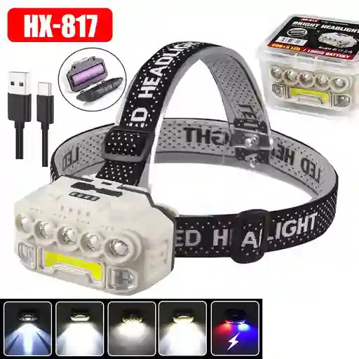 Linterna Frontal Led Hx-817 Pila Recargable, 5 Leds + Cob, Con Cinta Ajustable