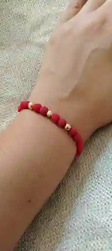 Pulsera Roja Oro 18kilates 2 Bolas Lisas 6mm 1 Diaman De 5mm