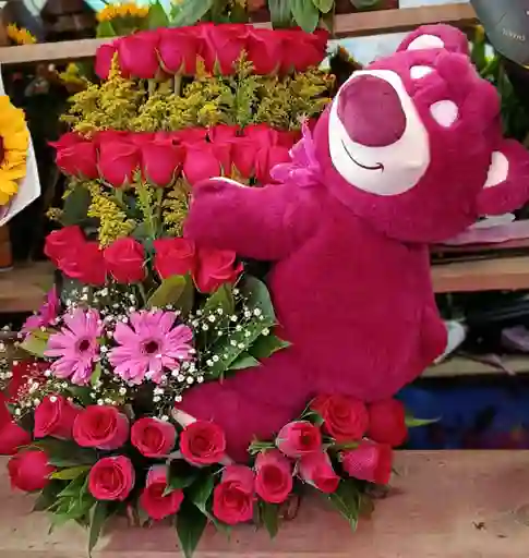 Arreglo Floral Grande Con Rosas Y Peluche Mediano