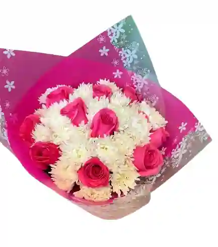 💗 Bouquet Rosa Fucsia Y Blanco Con Envoltorio Floral