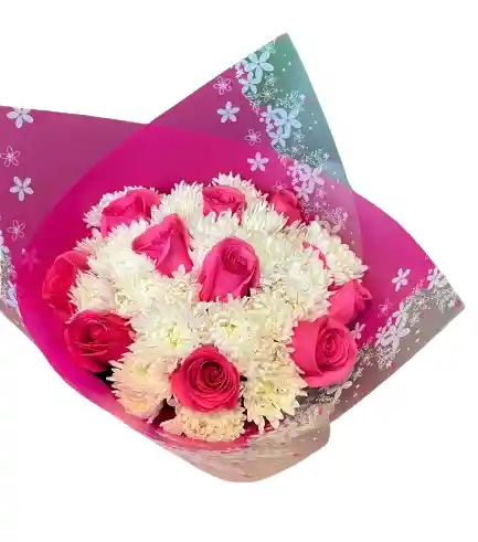 💗 Bouquet Rosa Fucsia Y Blanco Con Envoltorio Floral