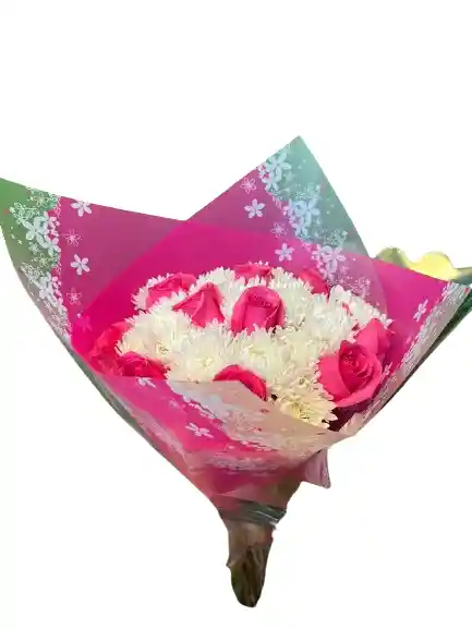💗 Bouquet Rosa Fucsia Y Blanco Con Envoltorio Floral
