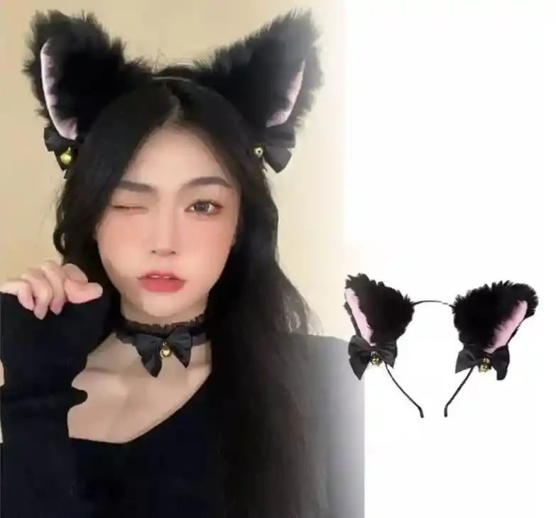 Diadema Orejas Peludas Negras De Peluche Disfraz Gato