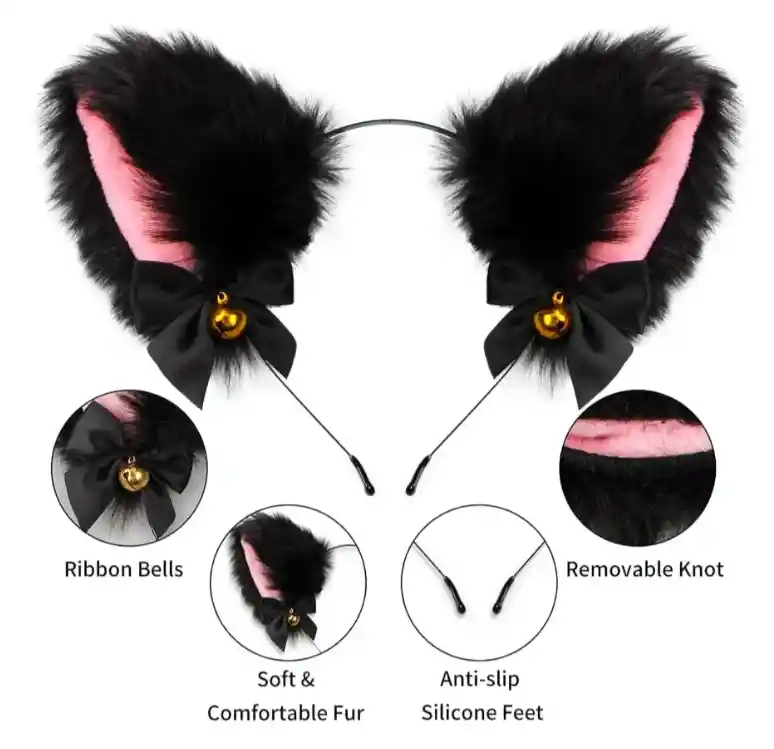 Diadema Orejas Peludas Negras De Peluche Disfraz Gato
