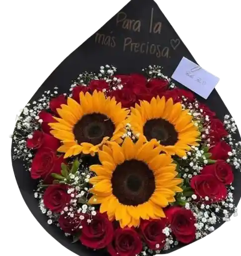 🌻❤️ Bouquet Girasoles Rosas Rojas