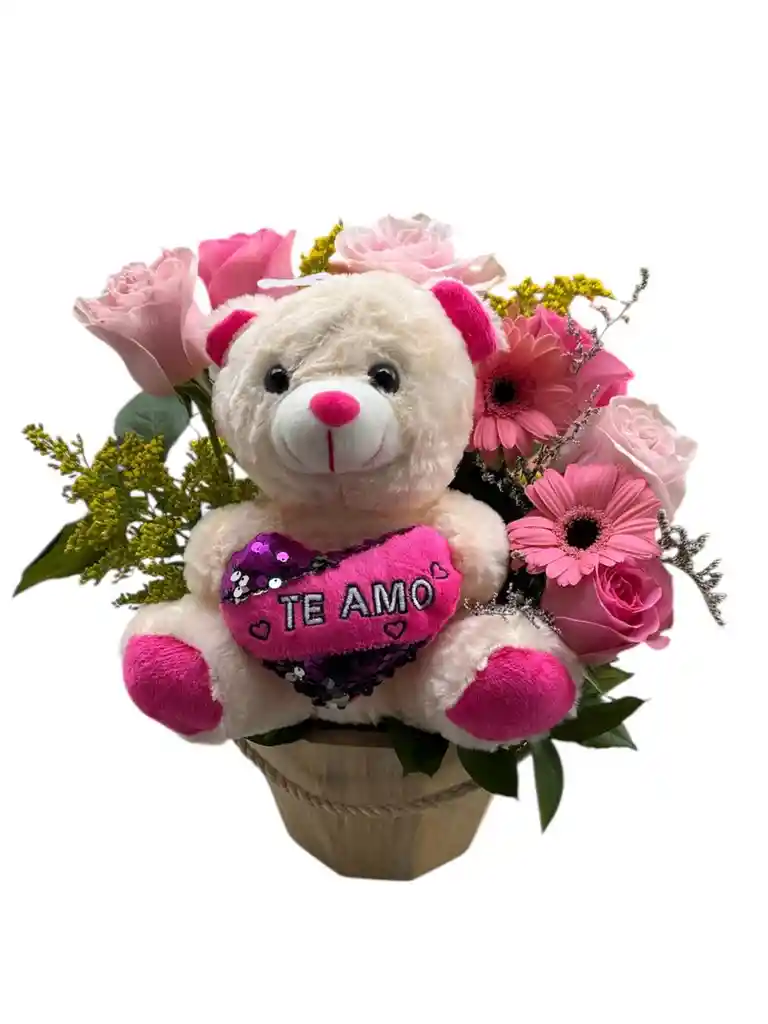 Balde De Rosas Y Peluche "te Amo"