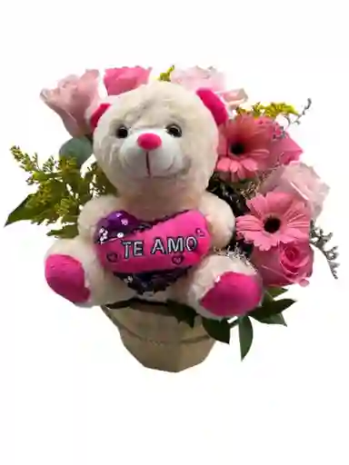 Balde De Rosas Y Peluche "te Amo"