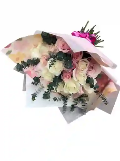 Bouquet Floral De Rosas Rosadas Y Blancas