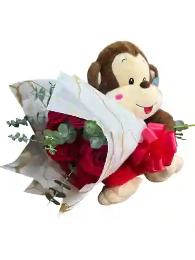 Bouquet De Rosas Y Peluche De Mono