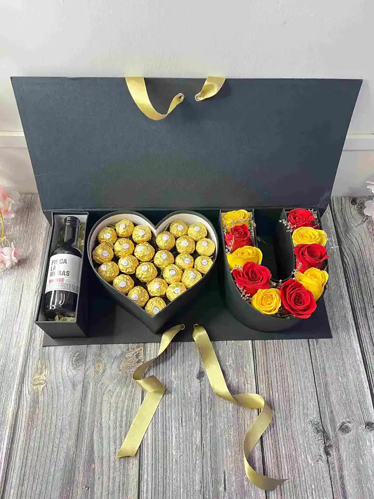 Caja Estuche Pequeño I ❤️ U Con Rosas, Ferreros Y Vino Mini 187 Ml