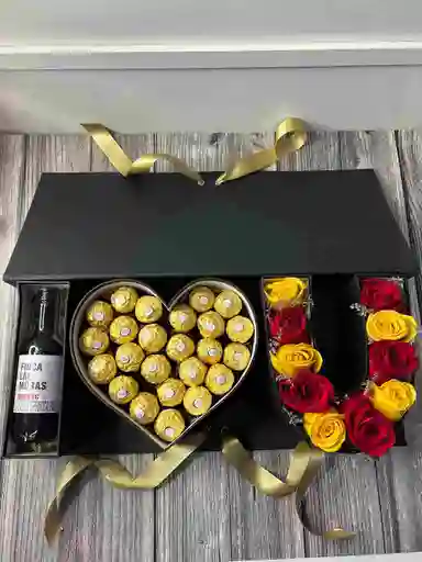Caja Estuche Pequeño I ❤️ U Con Rosas, Ferreros Y Vino Mini 187 Ml