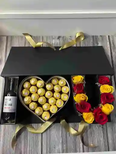 Caja Estuche Pequeño I ❤️ U Con Rosas, Ferreros Y Vino Mini 187 Ml