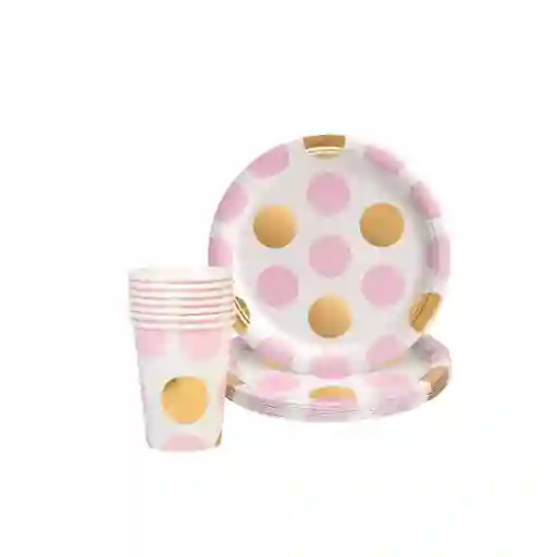 Juego Plato Y Vaso Puntos Rosados