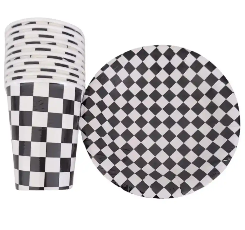 Juego Plato Y Vaso Cuadros Blancos Y Negros