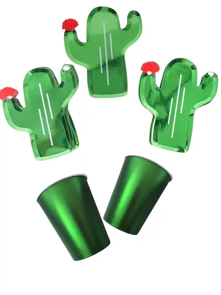 10 Platos Torta10 Vasos Desechables Fiesta Mexicana Cactus