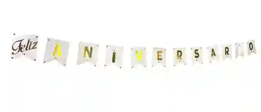Feliz Aniversario Guirnalda Letrero En Carton Blanco Letras Doradas