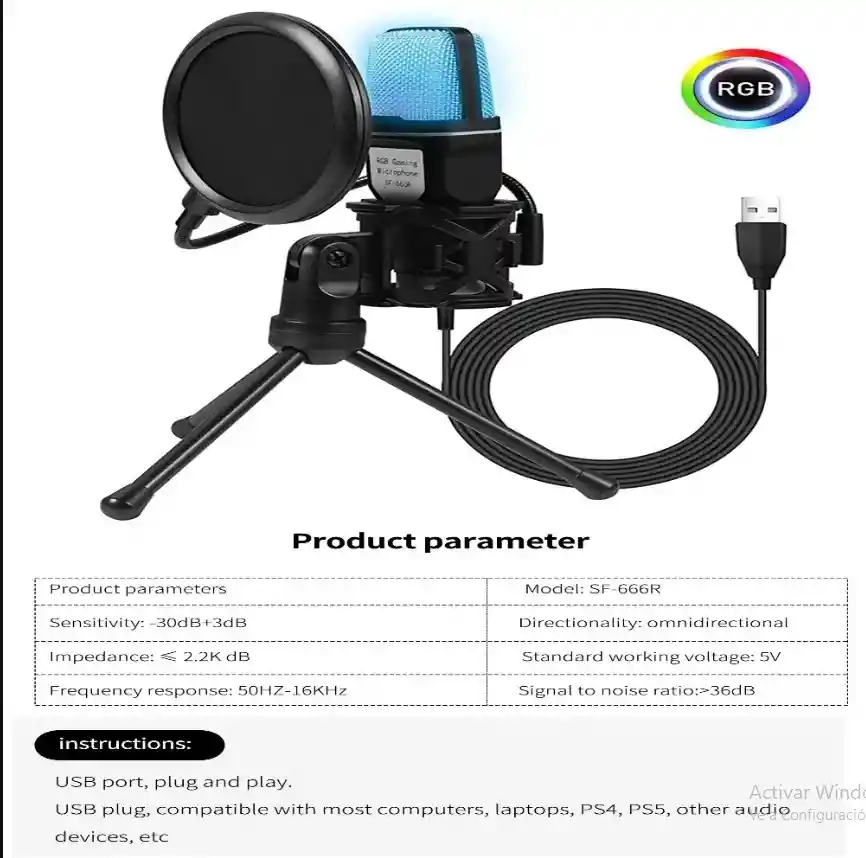 Micrófono Profesional Usb Condensador Sf-666r Con Iluminación Rgb, Soporte Estable, Filtro Antipop Y Plug & Play Para Gamers Y Streamers