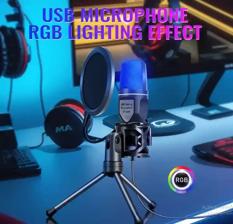 Micrófono Profesional Usb Condensador Sf-666r Con Iluminación Rgb, Soporte Estable, Filtro Antipop Y Plug & Play Para Gamers Y Streamers