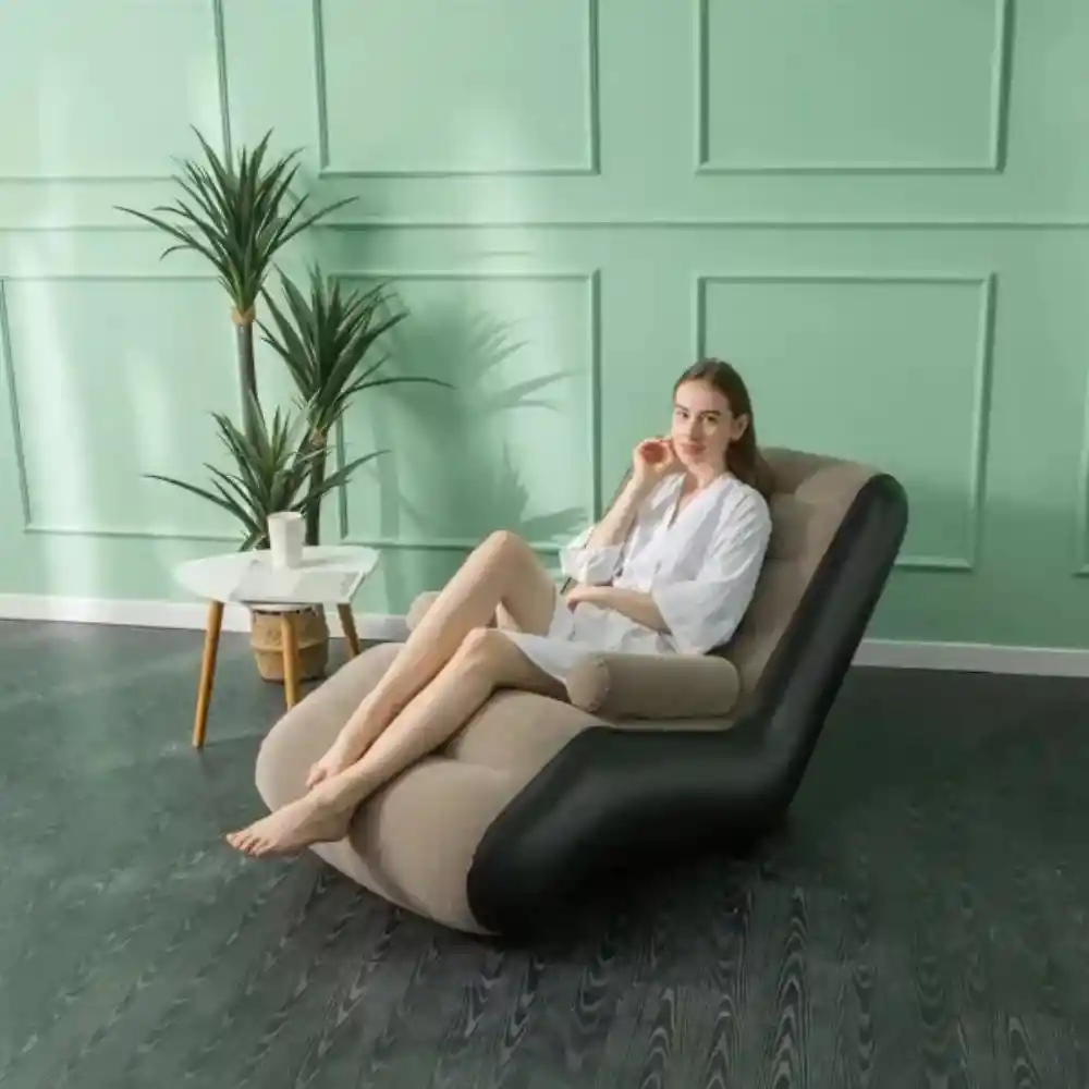 Sofa Sillon Inflable Portatil Con Reposa Brazo Y Bomba Inflador Beige