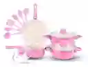 Juego De Ollas Con Tapa Vidrio Esmaltada Con Utensilios 13 Piezas Rosado