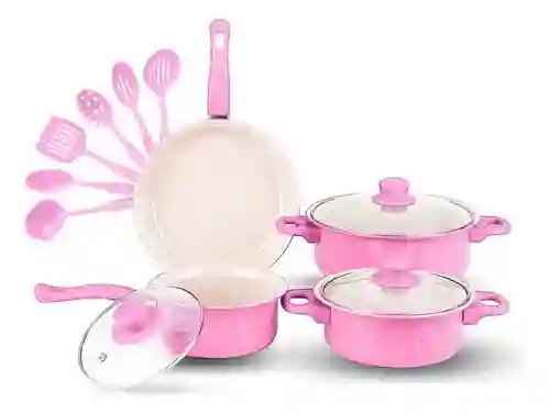 Juego De Ollas Con Tapa Vidrio Esmaltada Con Utensilios 13 Piezas Rosado