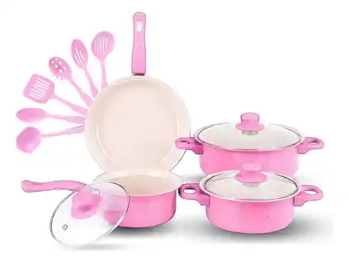 Juego De Ollas Con Tapa Vidrio Esmaltada Con Utensilios 13 Piezas Rosado