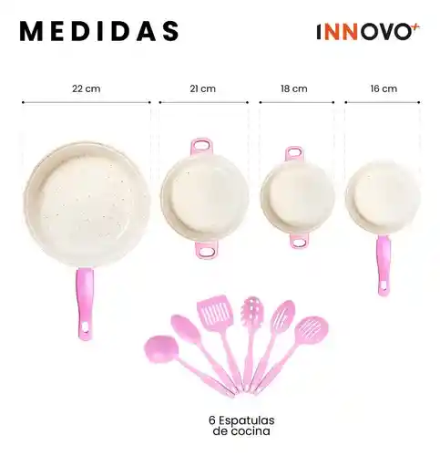 Juego De Ollas Con Tapa Vidrio Esmaltada Con Utensilios 13 Piezas Rosado