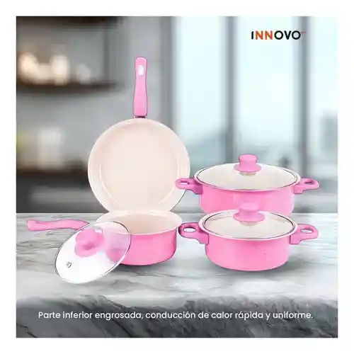 Juego De Ollas Con Tapa Vidrio Esmaltada Con Utensilios 13 Piezas Rosado