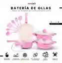 Juego De Ollas Con Tapa Vidrio Esmaltada Con Utensilios 13 Piezas Rosado