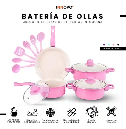 Juego De Ollas Con Tapa Vidrio Esmaltada Con Utensilios 13 Piezas Rosado