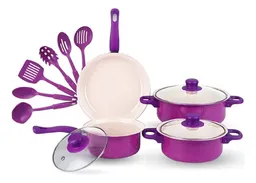 Juego De Ollas Con Tapa Vidrio Esmaltada Con Utensilios 13 Piezas Morado