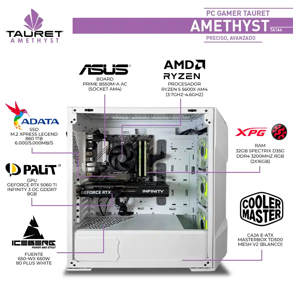 Pc Gamer Tauret Amethyst Ta164 Amd Ryzen 5 5600x Rtx 5060 Ti 8gb Ram 32gb M.2 1tb