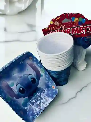Set De Platos, Vasos Y Cucharas Con Diseño De Stitch Para Fiestas Y Piñatas