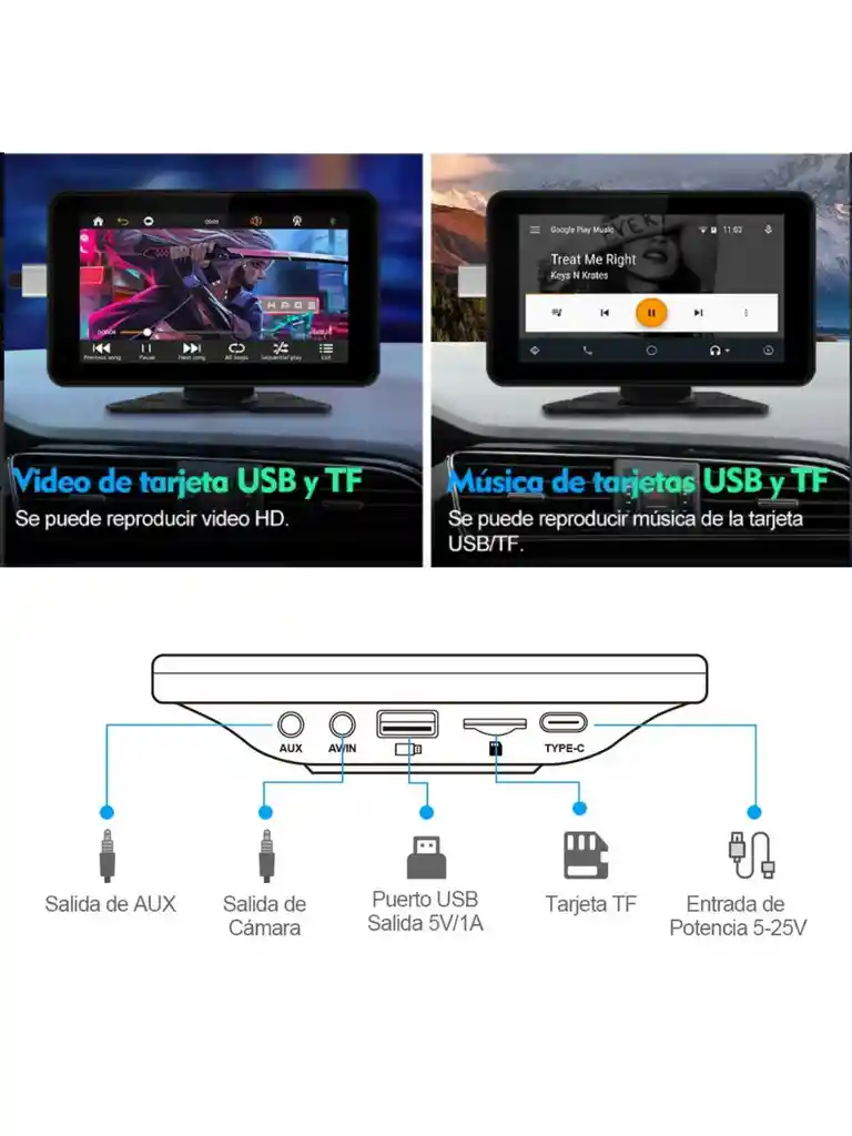 Pantalla Portátil Hd Carplay De 7 Pulgadas, Vista Trasera Inversa, Navegación De Coche Para Conexión Usb Bluetooth