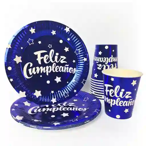Juego Vaso Y Plato Metalizado Feliz Cumpleaños Azul Rey X 10