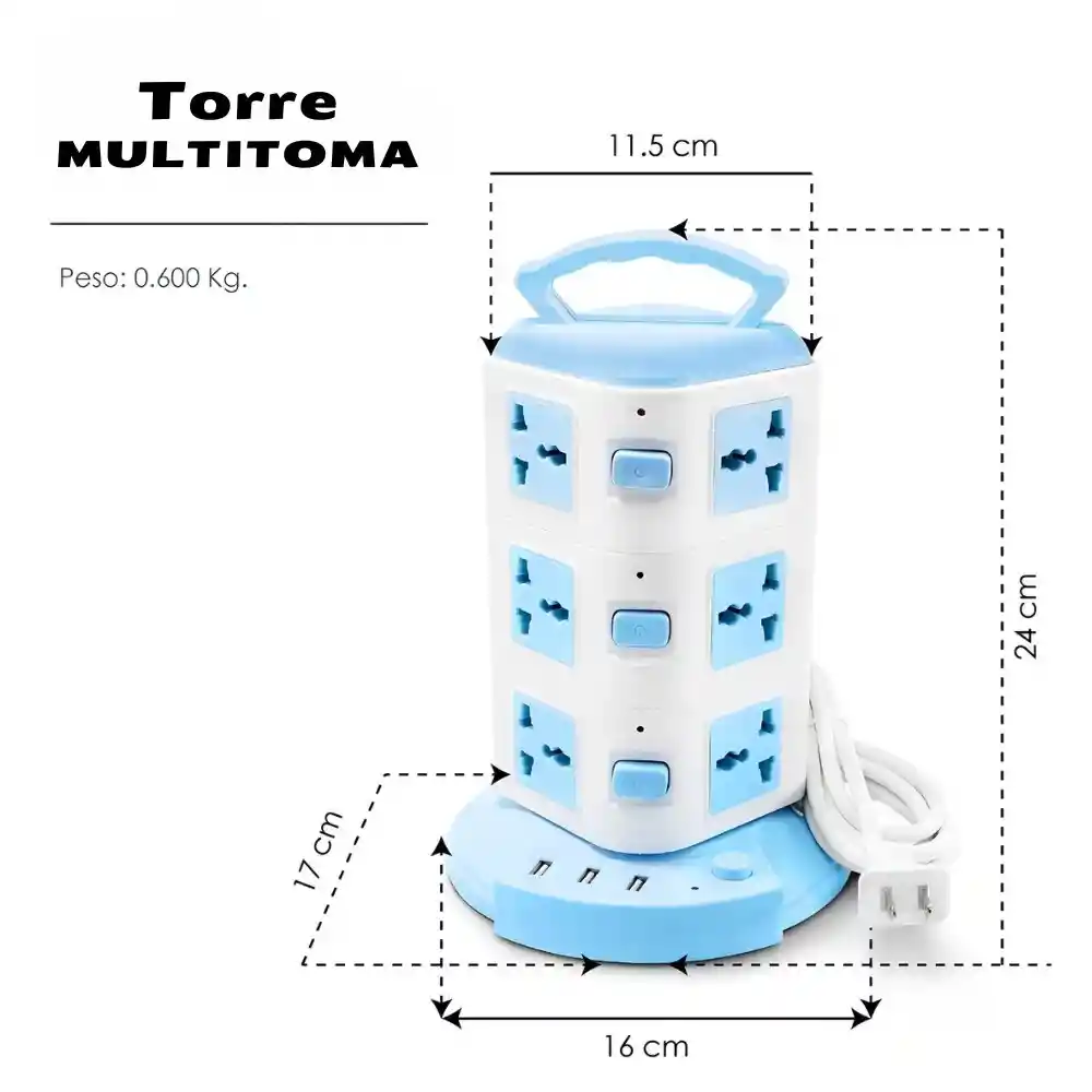 Torre Vertical Multitoma 12 Conexiones 3 Pisos 2500w X3 Usb