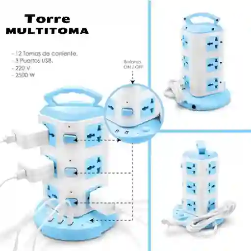 Torre Vertical Multitoma 12 Conexiones 3 Pisos 2500w X3 Usb