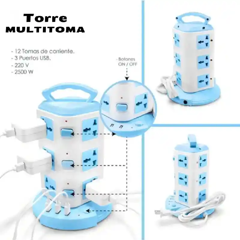 Torre Vertical Multitoma 12 Conexiones 3 Pisos 2500w X3 Usb