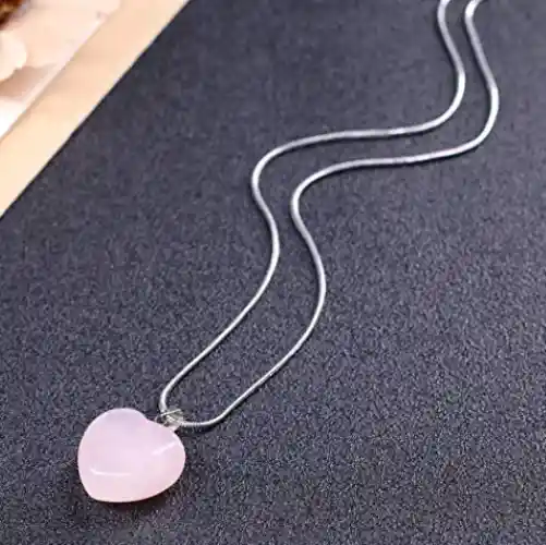 Collar Cuarzo Rosa Corazón Cadena Bañada En Plata Ley 925