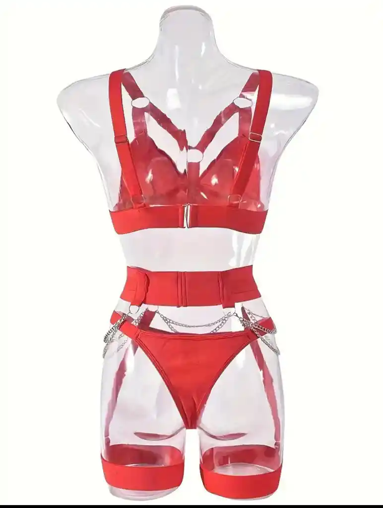 Conjunto Rojo Lenceria Sexy Con Cadenas