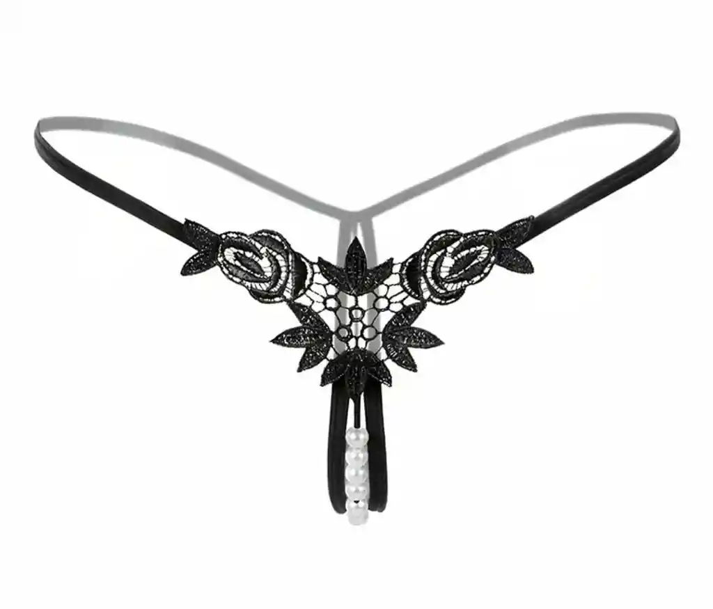 Tanga Negra Forma Flor Pequeña Con Perlas #3