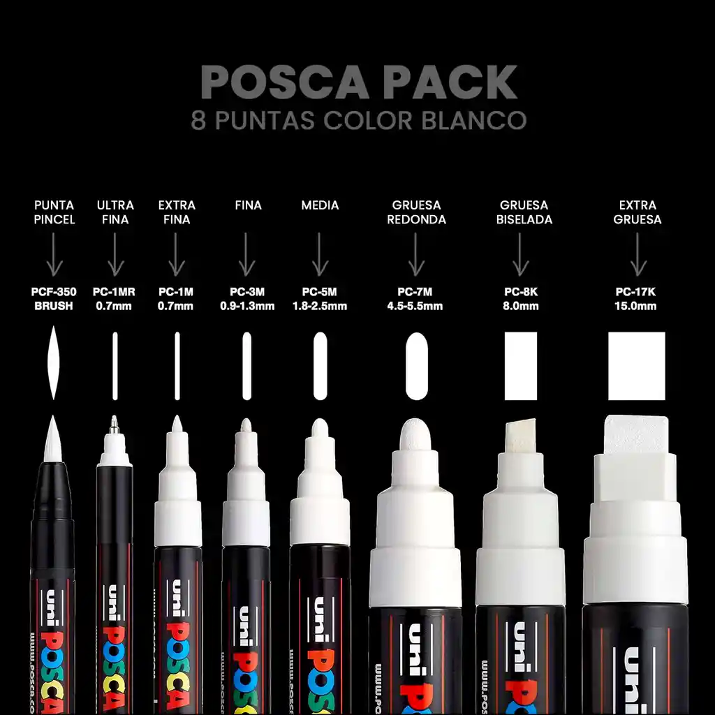Marcador Posca Juego De 8 Puntas, Blanco