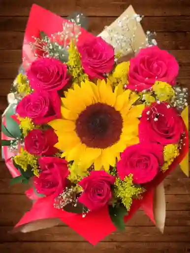 Girasol Rodeado De Rosas