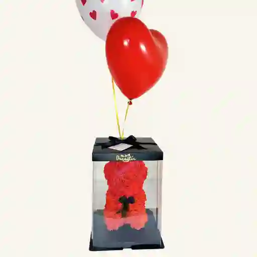Oso De Rosas Rojo Pequeño Y 2 Globos En Helio