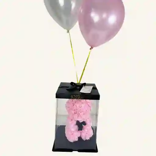 Oso De Rosas Rosado Pequeño Y 2 Globos En Helio