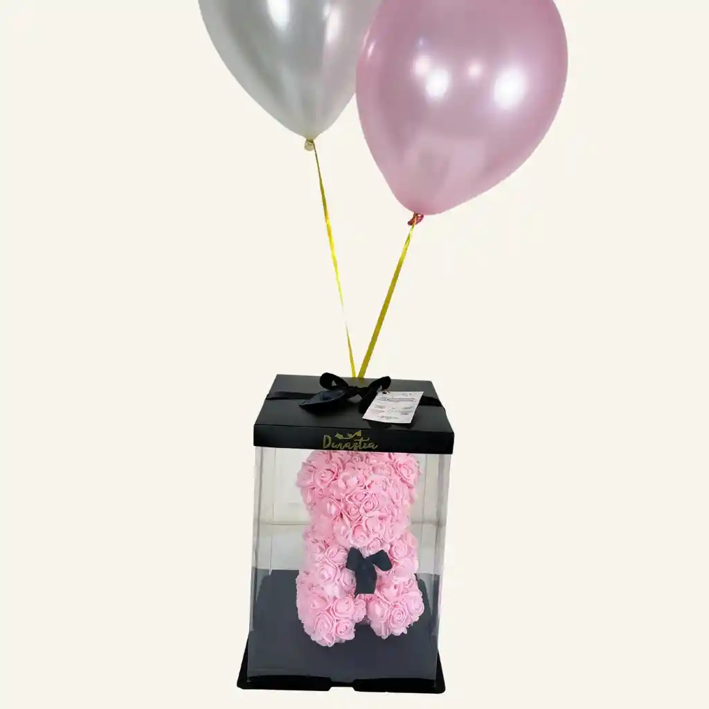 Oso De Rosas Rosado Pequeño Y 2 Globos En Helio