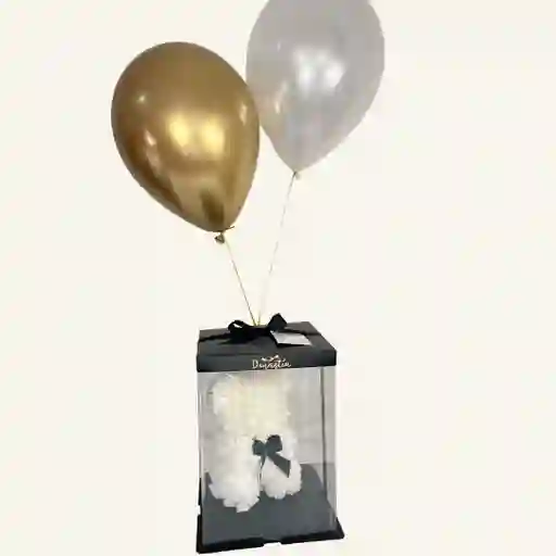 Oso De Rosas Blanco Pequeño Y 2 Globos En Helio