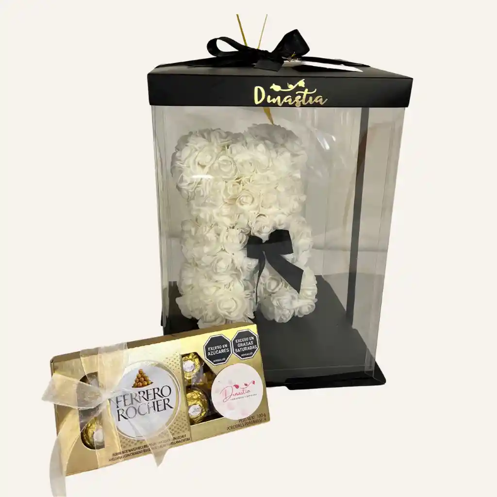 Oso De Rosas Blanco, 2 Globos En Helio Y Ferrero X8