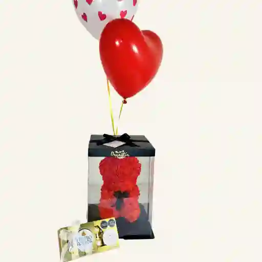 Oso De Rosas Rojo, 2 Globos En Helio Y Ferrero X8