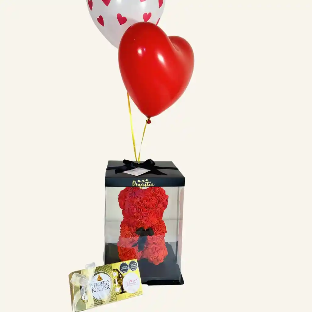 Oso De Rosas Rojo, 2 Globos En Helio Y Ferrero X8